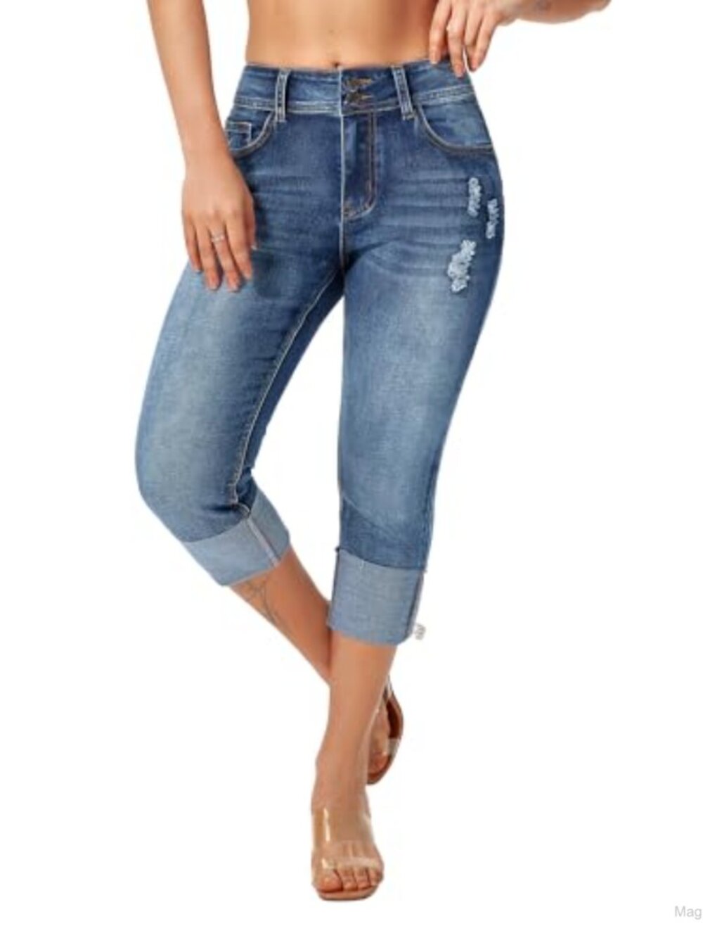 Stretchy Skinny Capri Jeans for Women Cuffed Distressed Denim